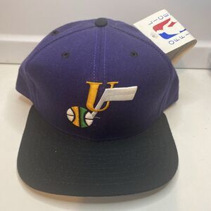 VTG New Era Utah Jazz Wool Hat Cap Purple Black Snapback Pro Model Deadstock NBA